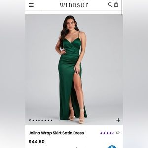 Windsor Long Slit Dress Emerald Green (Jolina Wrap Skirt Satin Dress)